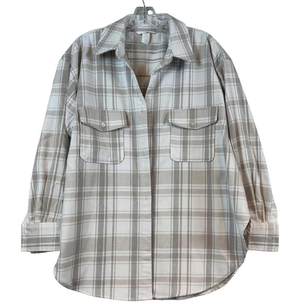 Womens Medium Oversized Plaid Flannel Shacket Beige Button Down Shirt Layering